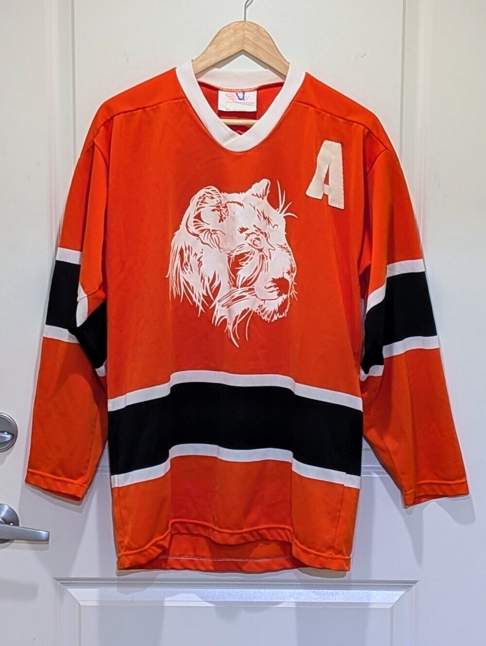 GUC 1980s S Orange And Black Assistant Captain Hockey Jersey with Cat Logo